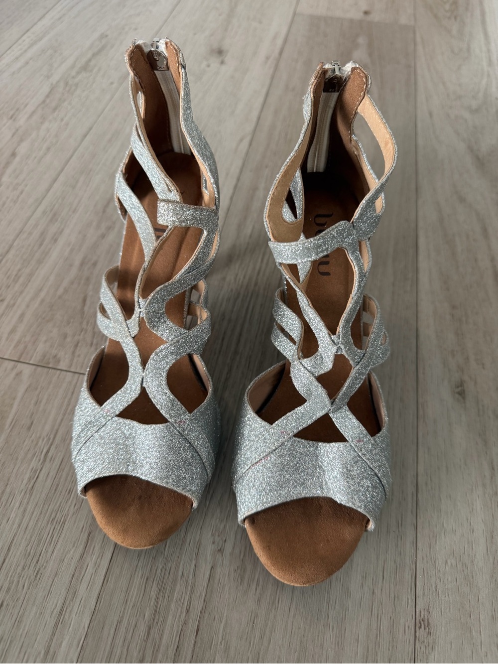 Silver Glitter Cutout High Heel Sandals - Women’s Evening Heels